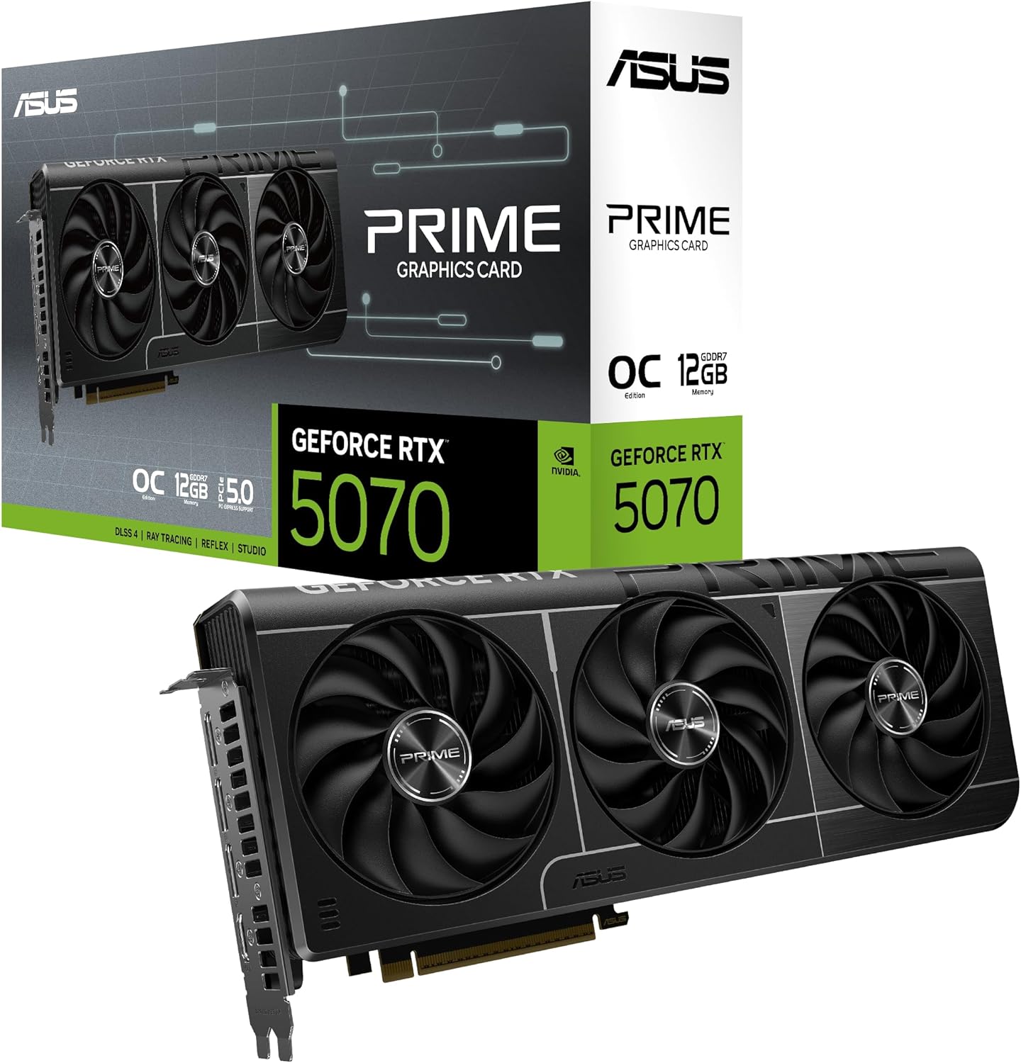 ASUS TUF GeForce RTX™ 5070 12GB GDDR7 OC Edition გრაფიკული ბარათი, NVIDIA, დესკტოპის კომპიუტერი (PCIe® 5.0, HDMI®/DP 2.1, 3.125-სლოტი, სამხედრო დონის კომპონენტები, დამცავი PCB საფარი, Axial-tech ვენტილატორები)