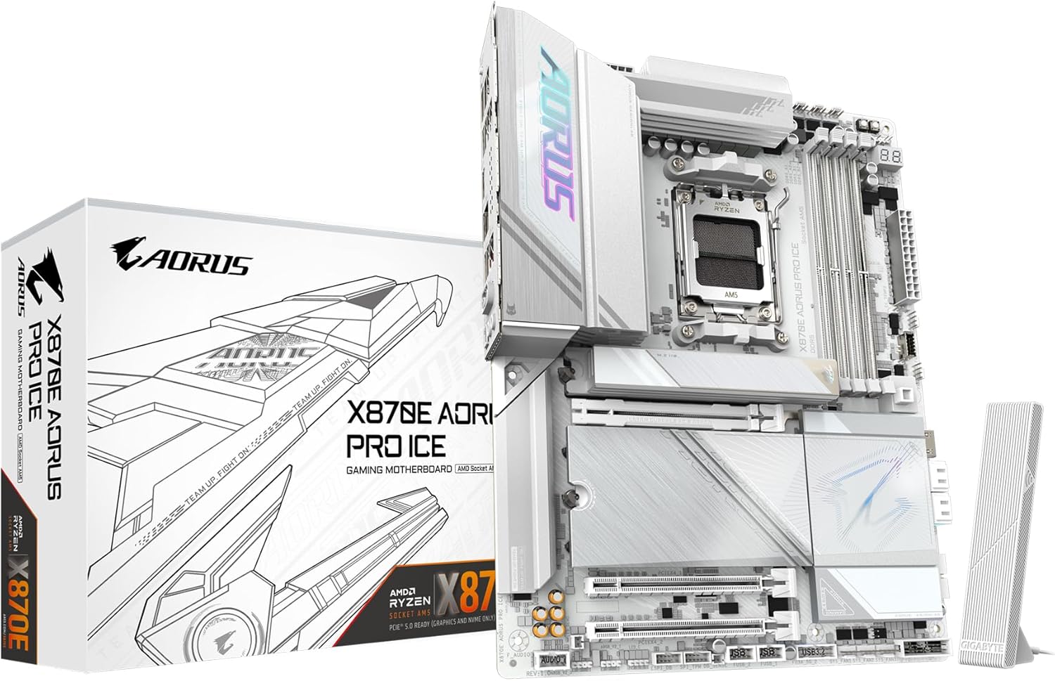 GIGABYTE X870E AORUS PRO ICE AMD AM5 LGA 1718 დედა დაფა, ATX, DDR5, 4X M.2, PCIe 5.0, USB4, WIFI7, 2.5GbE LAN, EZ-Latch, 5 წლიანი გარანტია